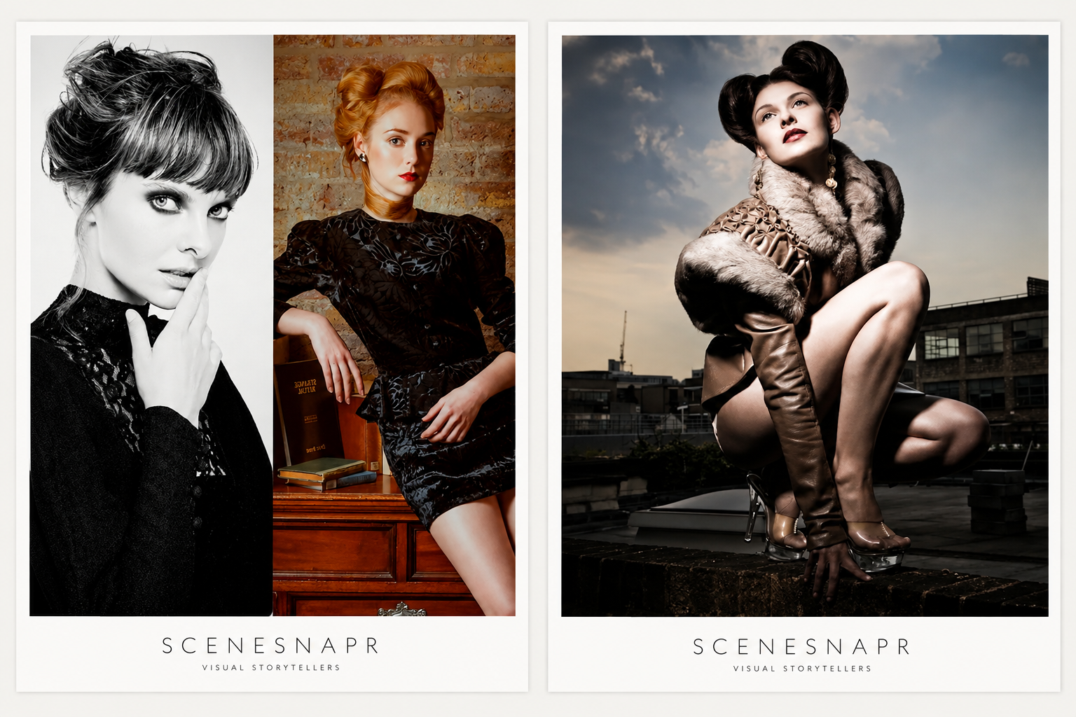 Editorial fashion styling work: studio portraits and a rooftop fashion image styled for editorial projects