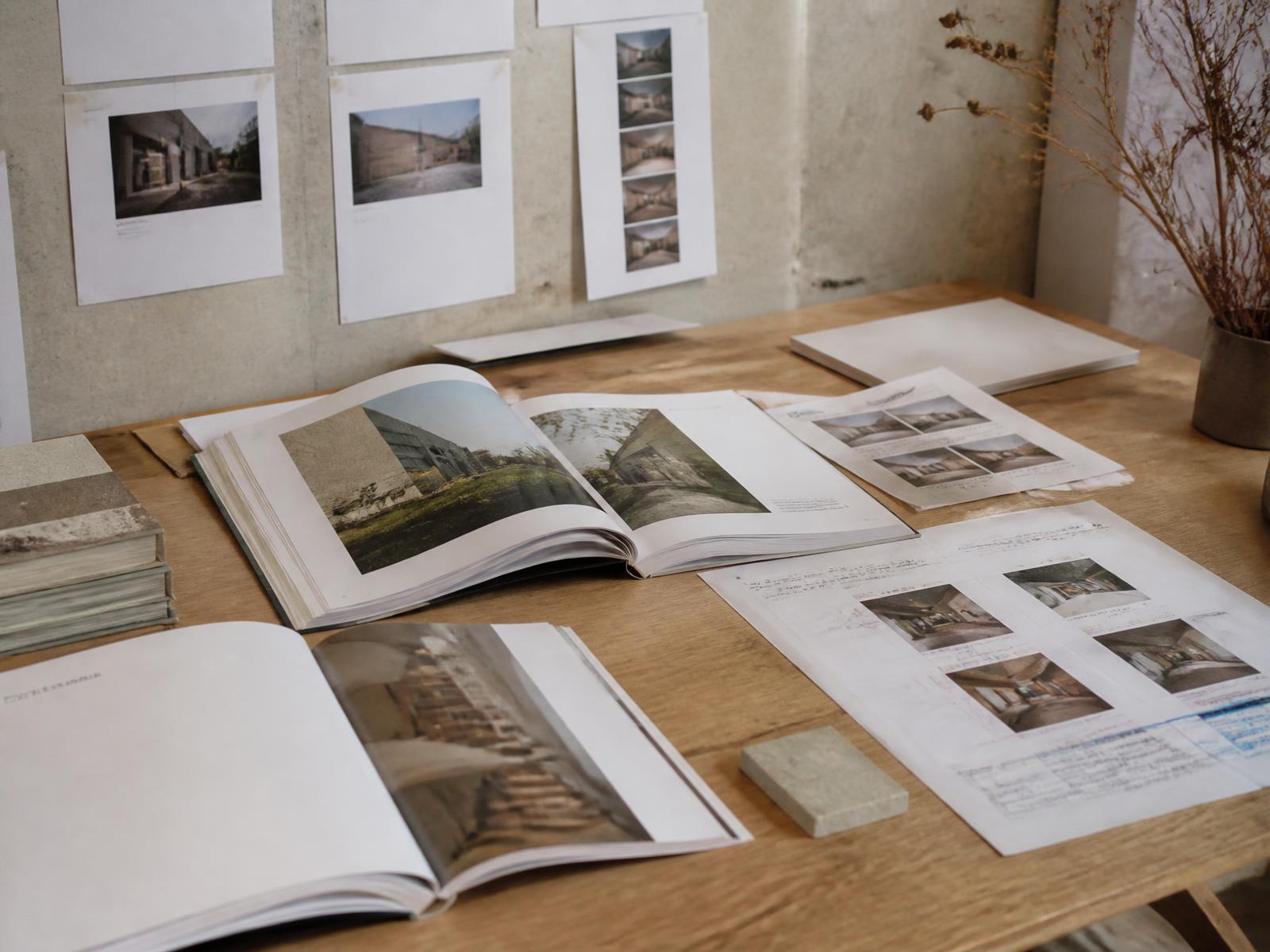 Coffee table books and architecture magazines on a designer's oak desk in natural daylight